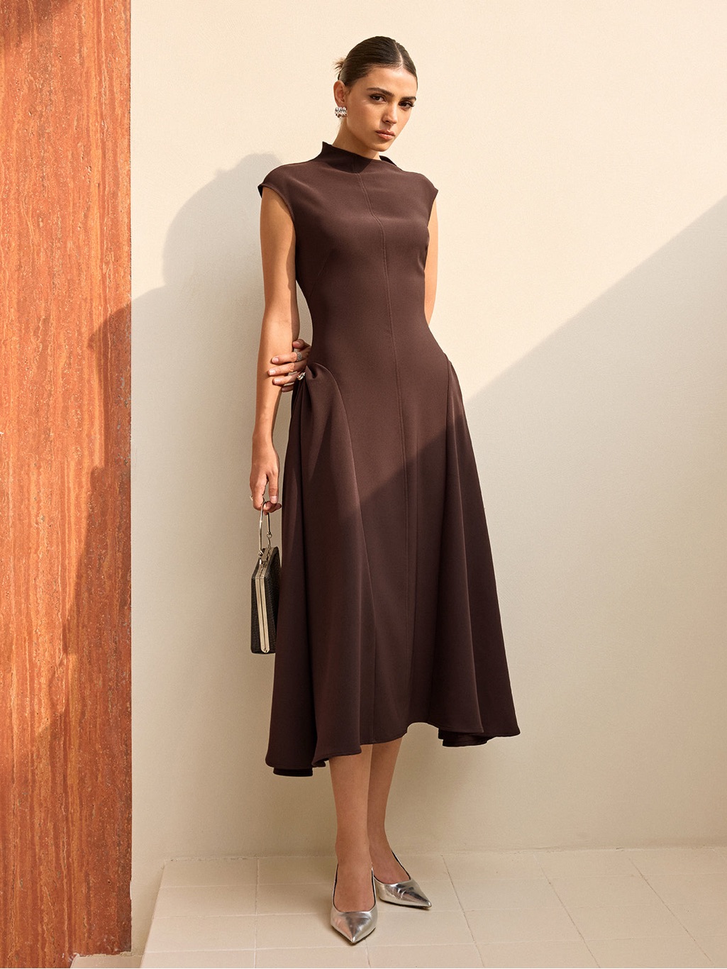 Commense Asymmetrical Neck Cap Sleeve Maxi Dress